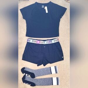 3PCS NEW VICTORIA'S SECRET PINK MEDIUM/LARGE SET SHORTS CROP TEE LONG VS SOCKS